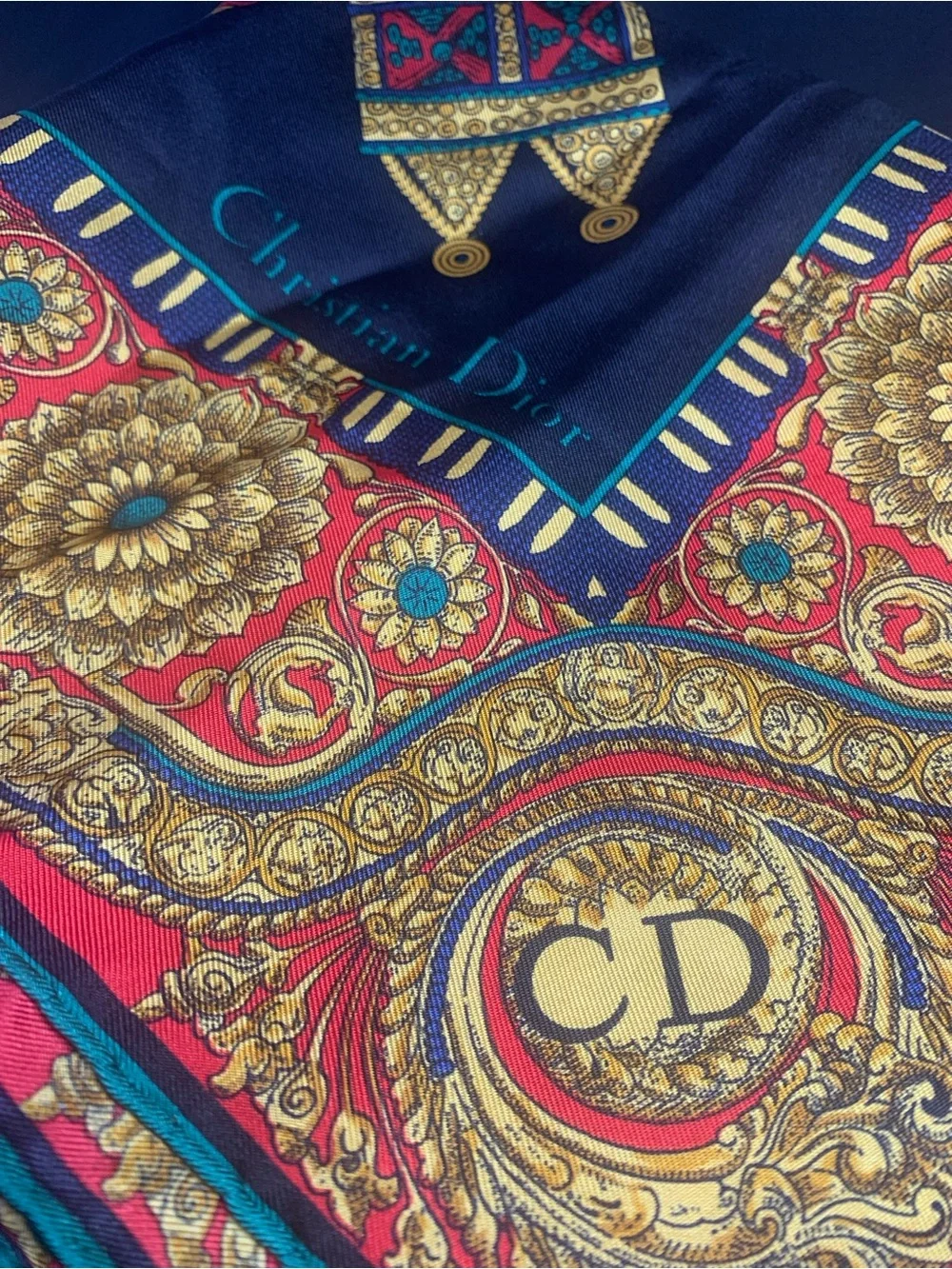 Dior Red, Gold & Teal Baroque Silk Scarf